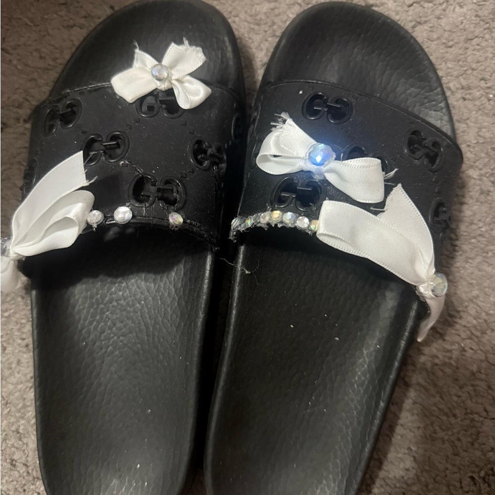 Handmade Decorated Gucci Black Slide Sandals with White Bows and Rhinestones